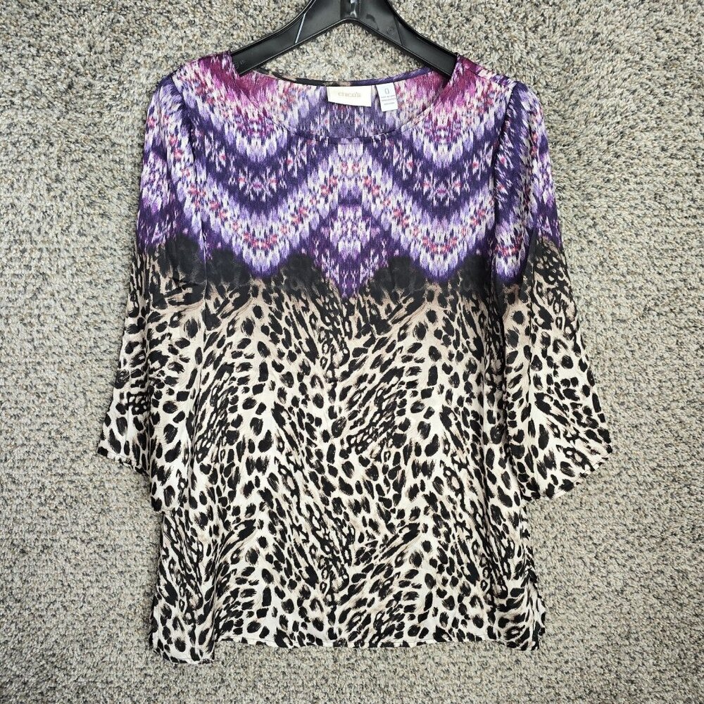 Chicos Top Womens 0 US Small Scoop Neck Satin Blouse Sheer 3/4 Sleeve Ladies